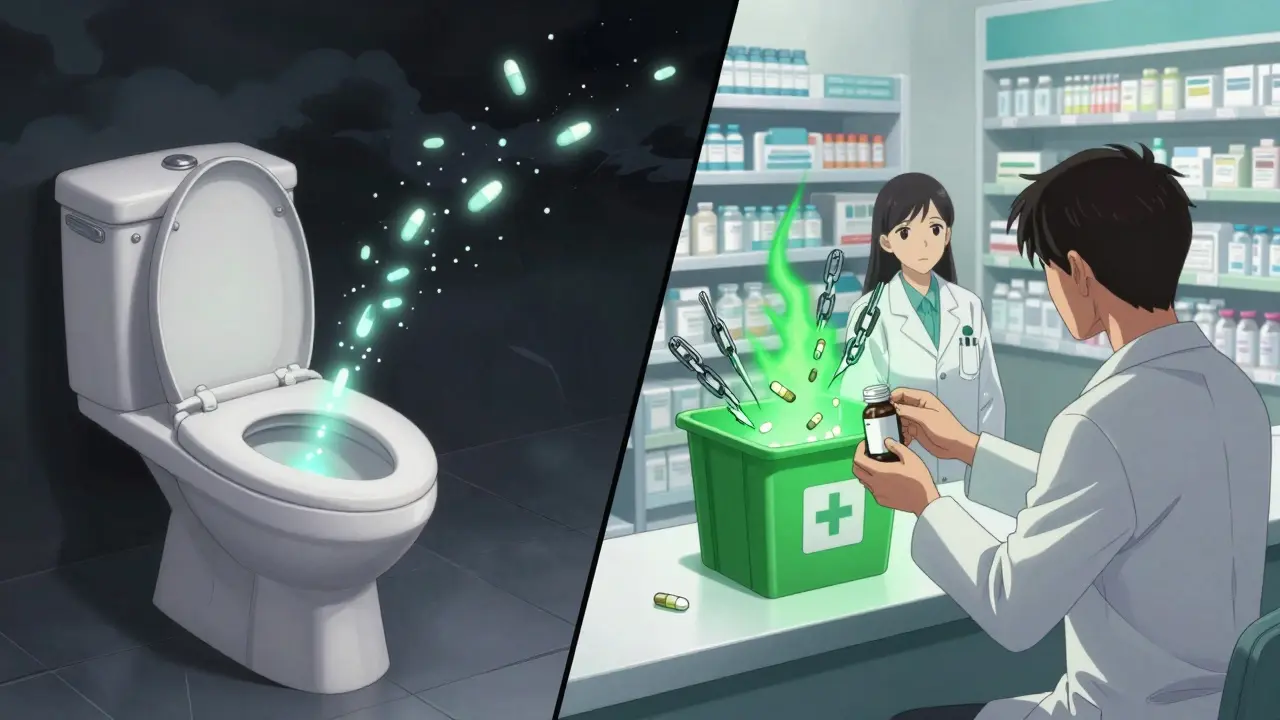 Contrasting scene: pills flushing down toilet vs. safe disposal at pharmacy take-back bin with glowing green light.