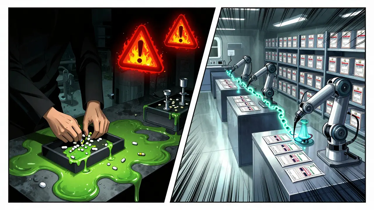 Contrasting scenes: counterfeit pills in a dark lab vs. automated drug verification in a high-tech warehouse.