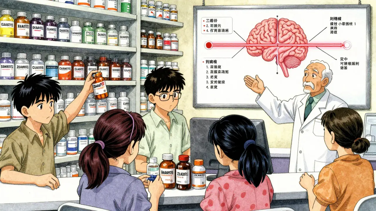 Diverse customers at a pharmacy choosing antihistamines, with a pharmacist explaining the blood-brain barrier.