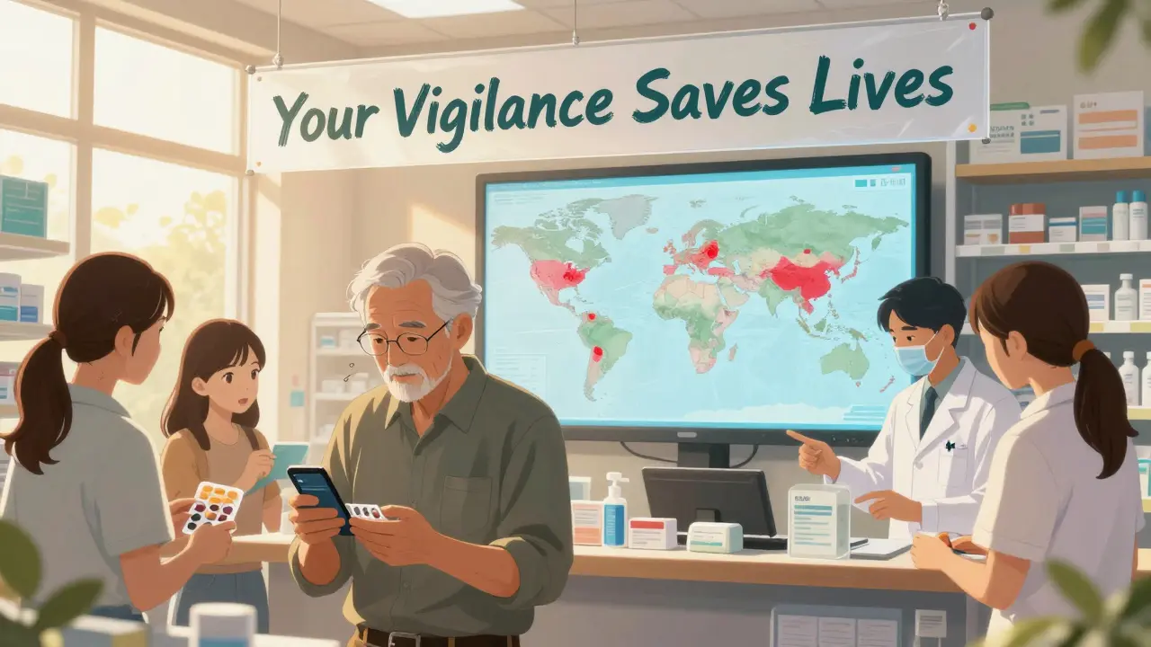 Diverse group in pharmacy verifying medicine, pharmacist guiding while digital map shows global fake drug hotspots.