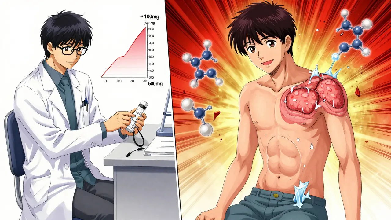 Doctor adjusting allopurinol dose as tophi vanish over time in split-panel transformation.