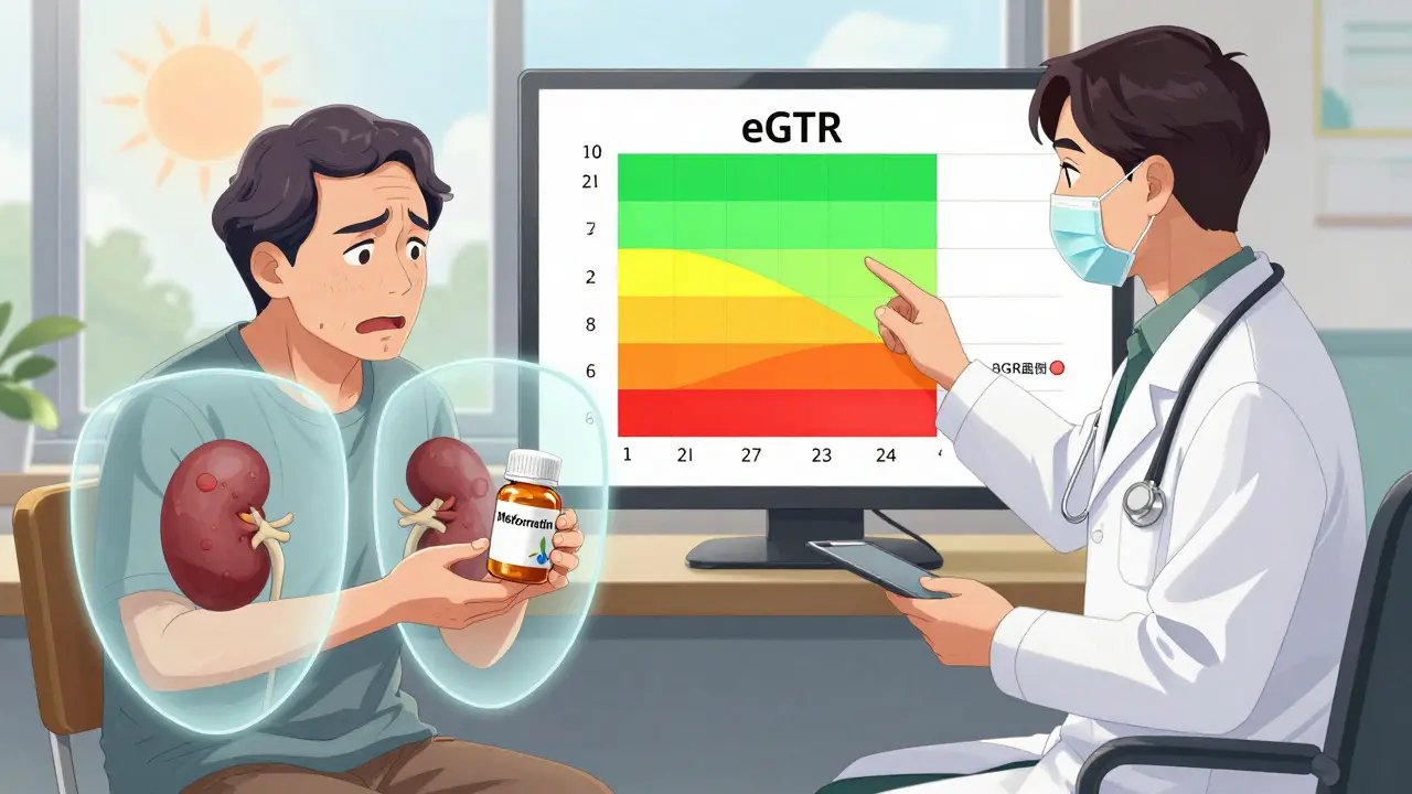Doctor explaining eGFR dosage zones to a patient using a color-coded digital chart.