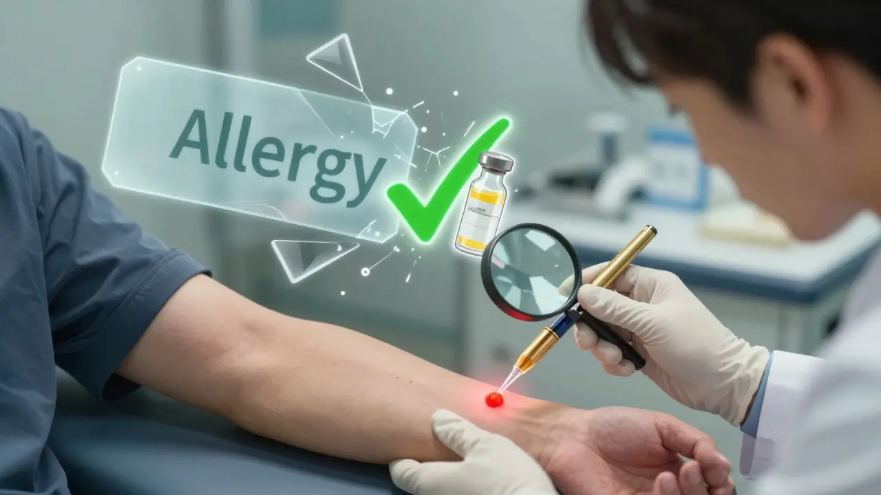 Doctor performing a penicillin skin test with a glowing positive reaction and shattering false allergy labels.
