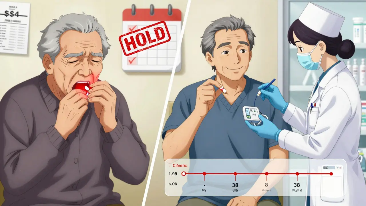 Elderly patient holding B12 supplement while monitoring kidney function after illness.