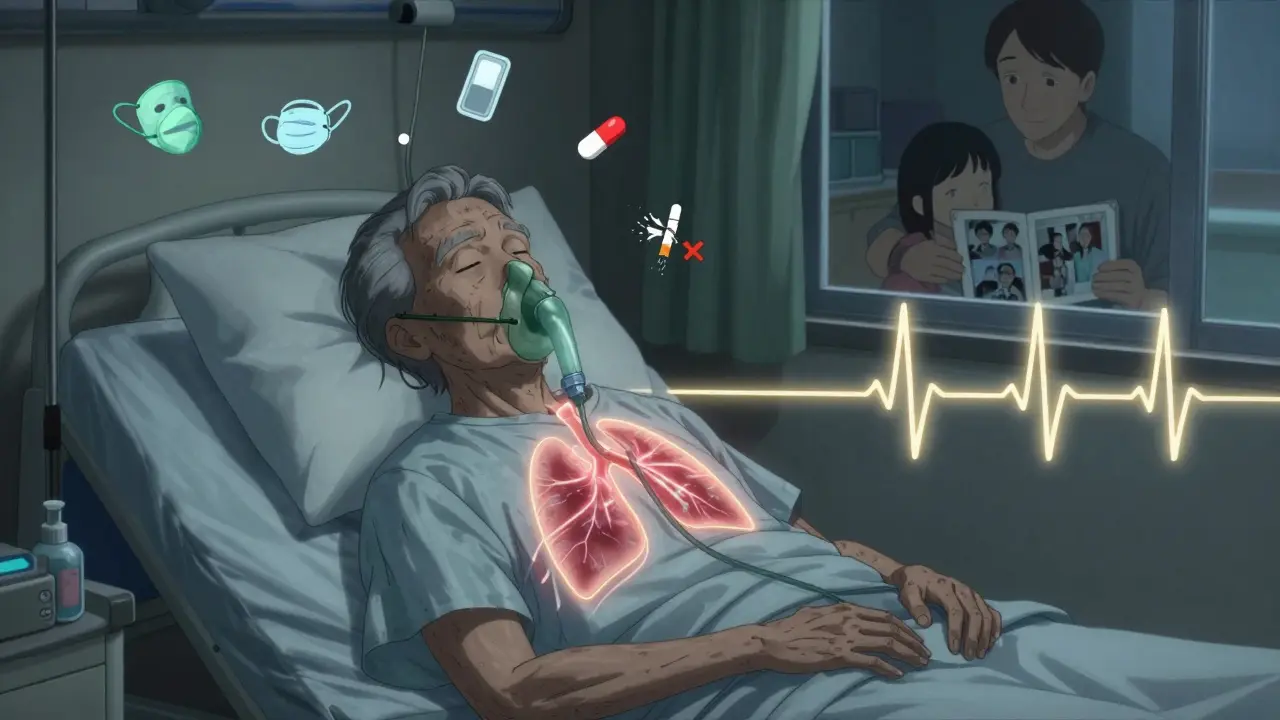 Elderly patient on oxygen with heart-lung energy lines and family photo in background.