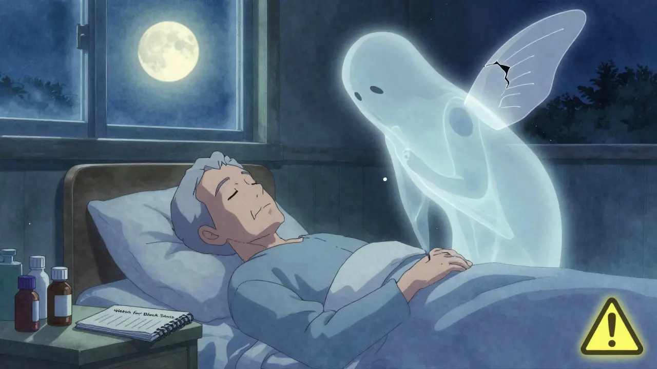 Elderly patient sleeping as a broken platelet ghost hovers nearby, medication bottles on bedside table.
