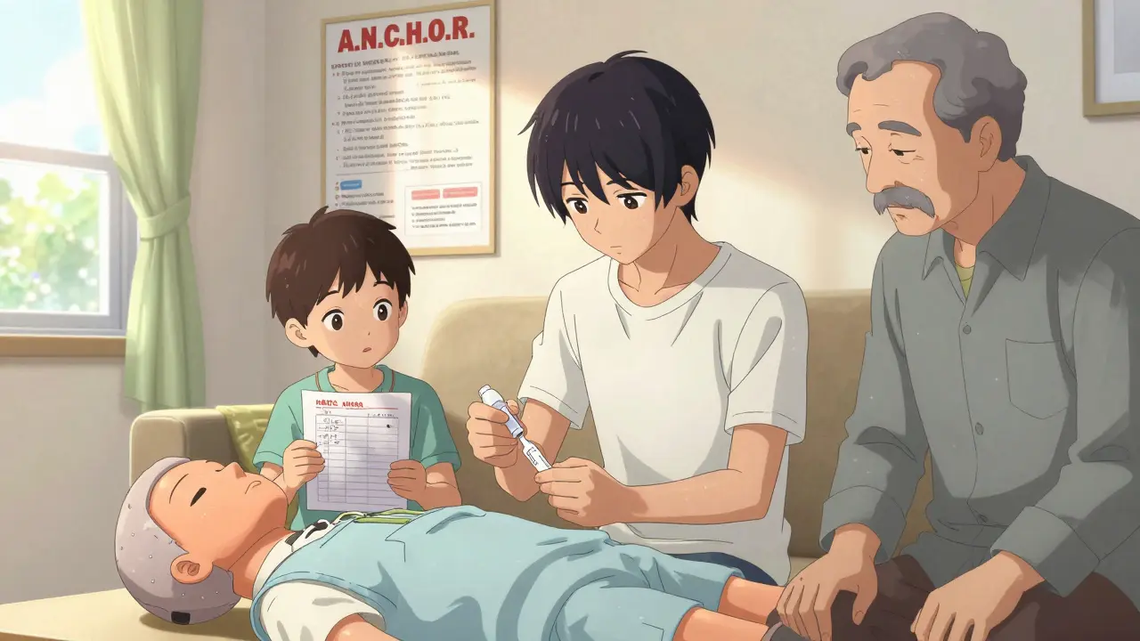 Family practicing overdose response drill with training kit, checklist on wall, sunlight streaming through window.