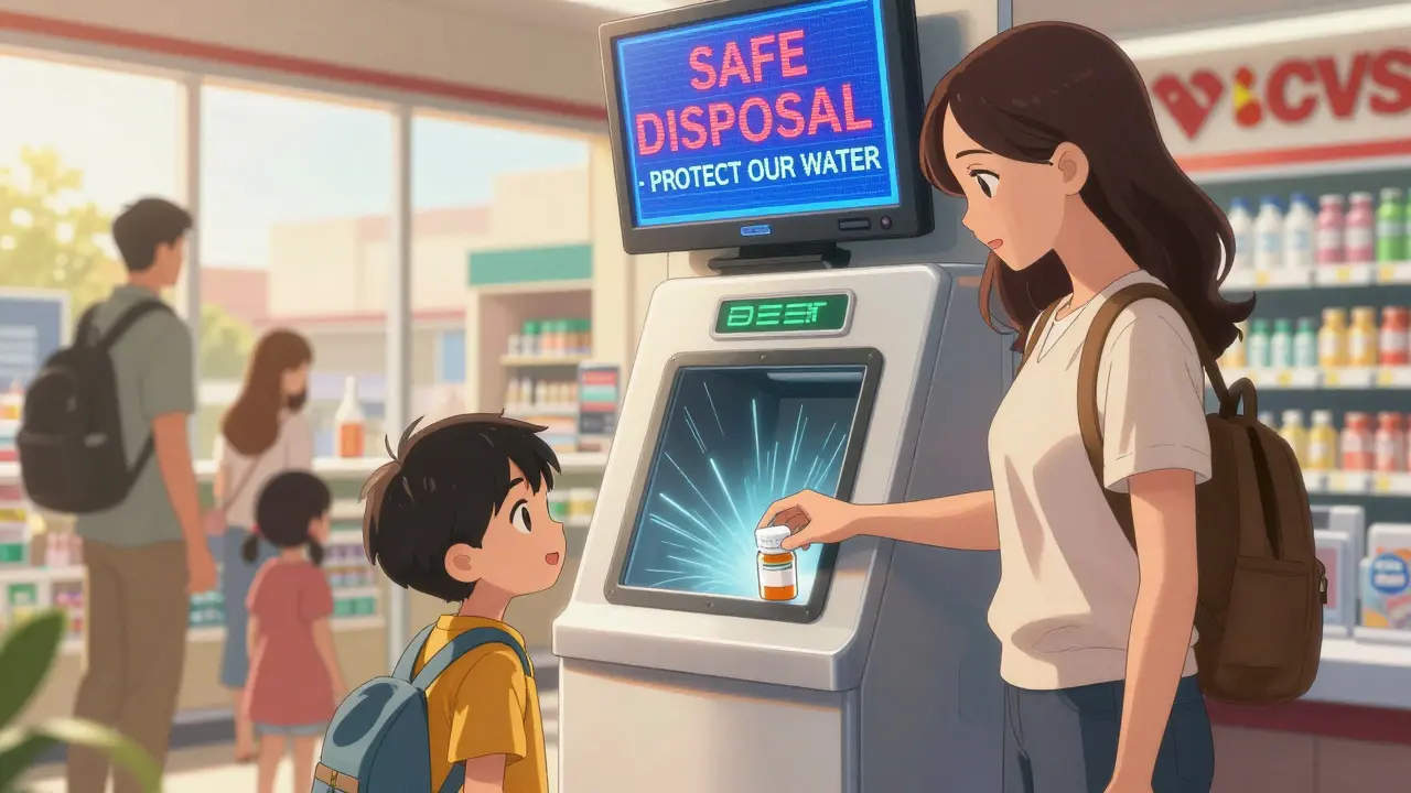 Family using pharmacy take-back kiosk to safely dispose of expired pediatric medication.