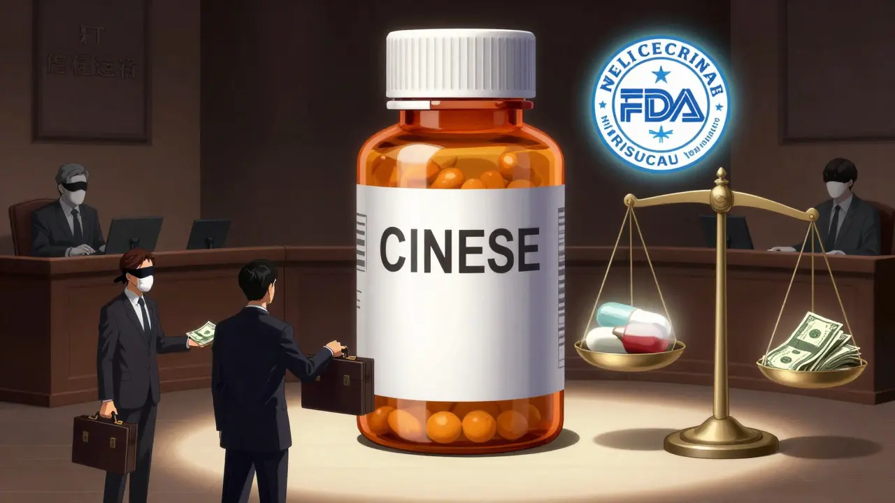 Giant generic drug bottle overpowering a small brand-name pill in a courtroom with reverse payment briefcases.