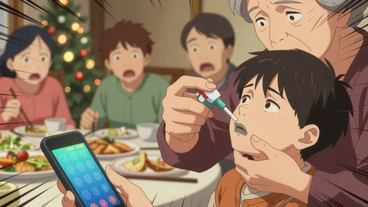 Grandmother administers naloxone spray to grandson during dinner, others frozen in shock, phone showing 911 dialed.