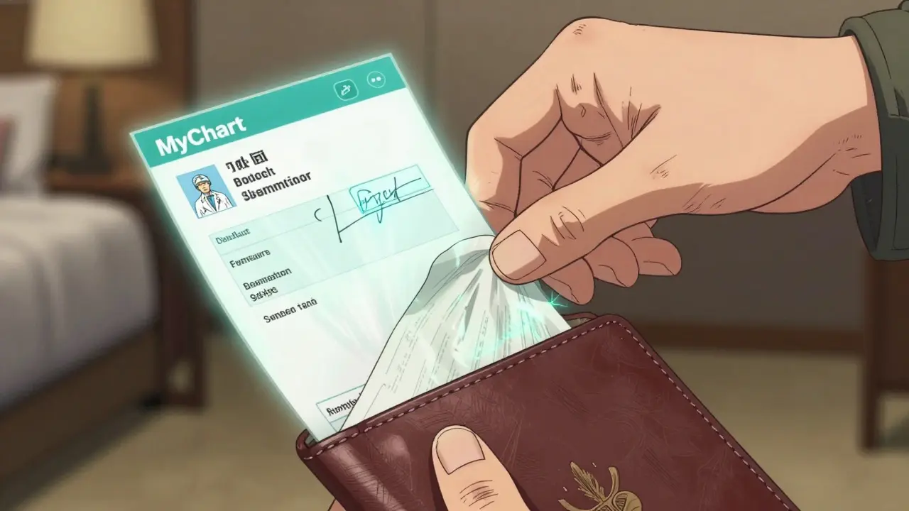 Hand folding prescription into passport with digital encrypted PDF hovering beside it in dim hotel light.