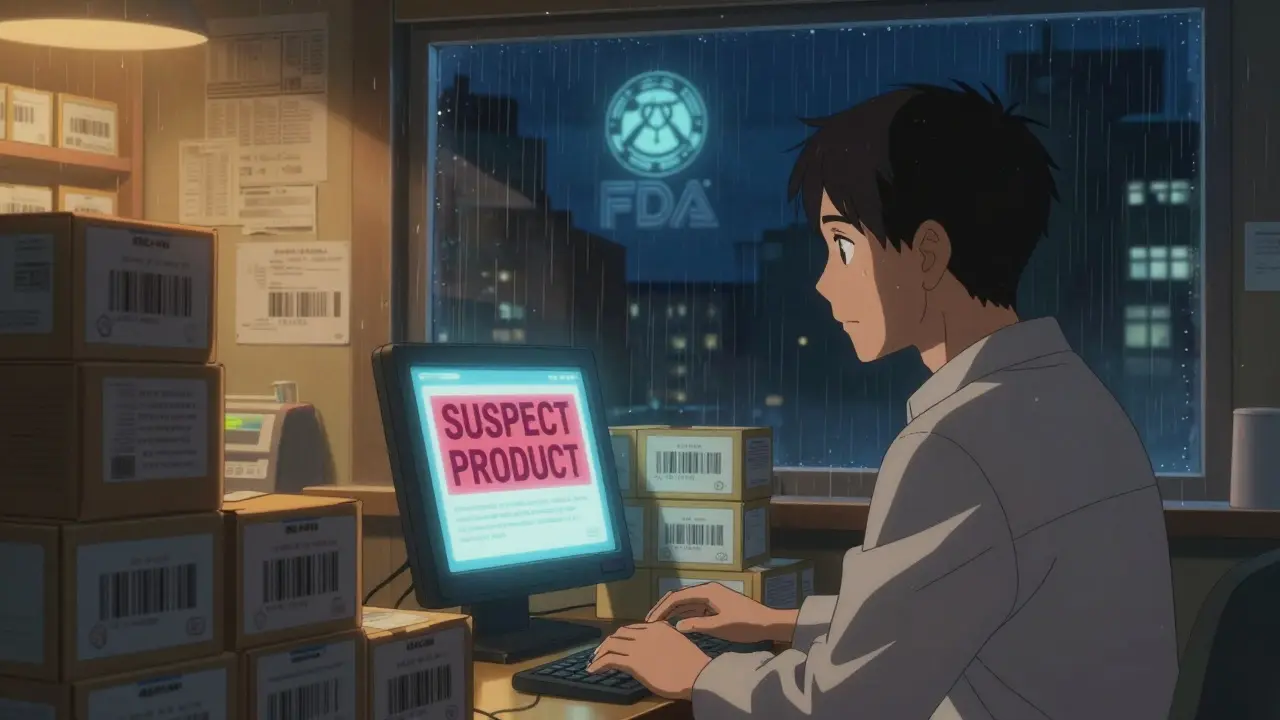 Independent pharmacist facing a suspect product alert at night, rain outside, glowing screen reflecting in their eyes.