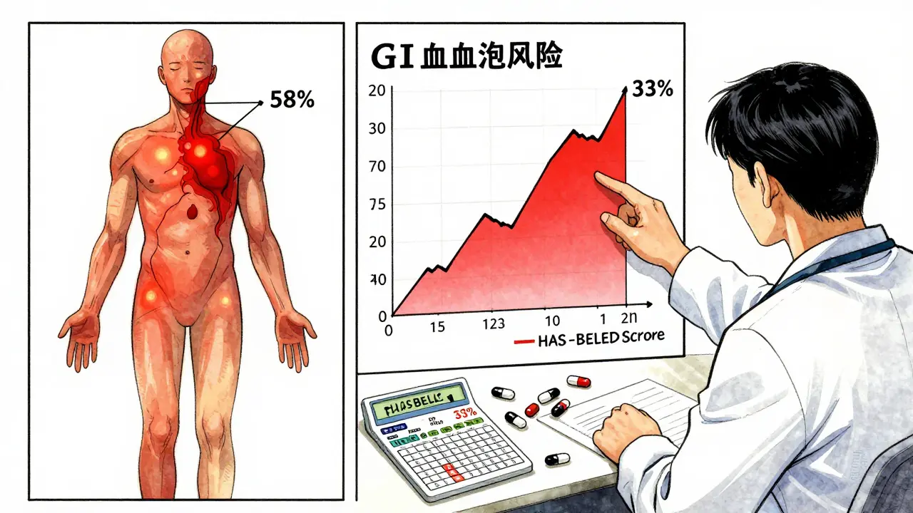 Medical chart showing bleeding risk hotspots and a 33% spike graph with pills and HAS-BLED calculator.
