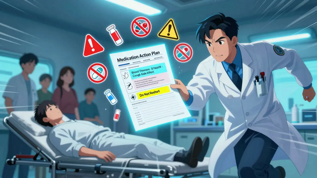 Paramedic handing a glowing medication plan to an ER doctor during an emergency, with critical drug warnings visible.