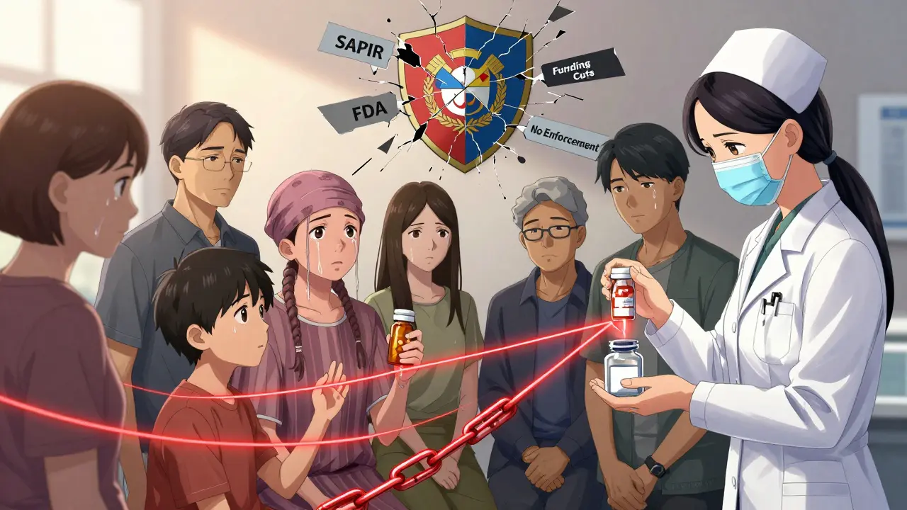 Patients and nurses affected by drug shortages connected by red threads to a broken government system.