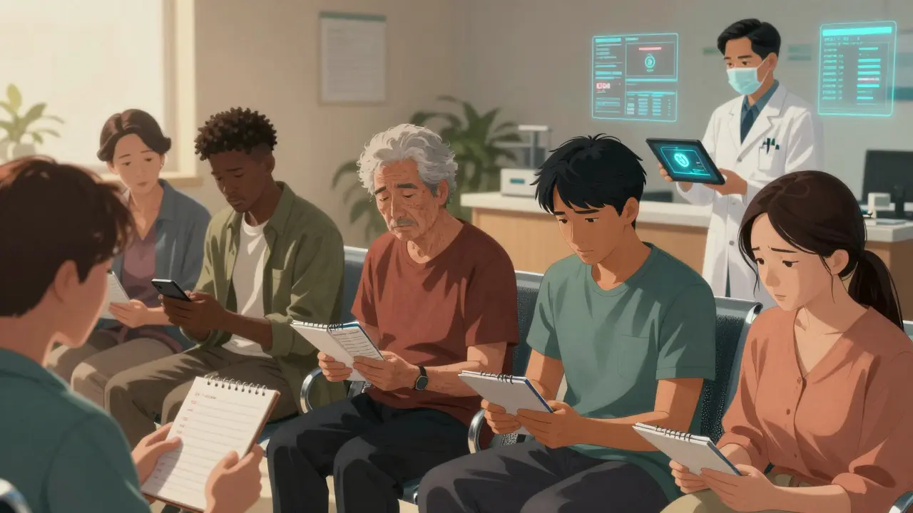 Patients in a clinic tracking health symptoms while a doctor reviews data with AI-enhanced charts.