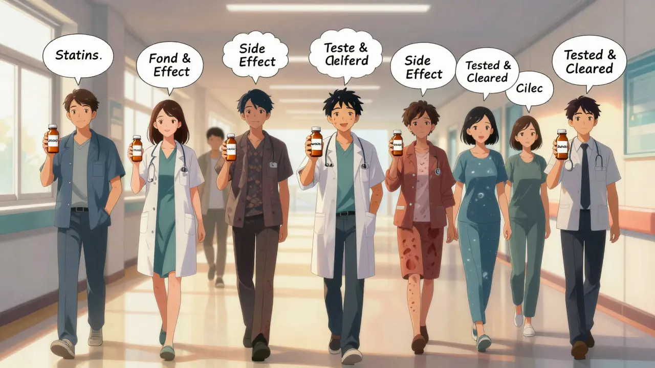 Patients walking past their exaggerated allergic shadows, now cleared with green checkmarks.