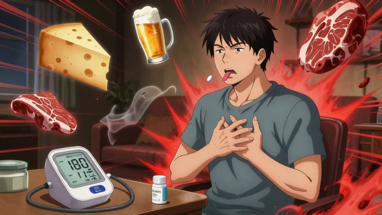 Person experiencing hypertensive crisis with blood pressure monitor flashing 180, nifedipine tablet in hand.