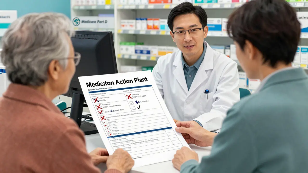 Pharmacist helping elderly patient update a detailed medication action plan at a pharmacy counter.