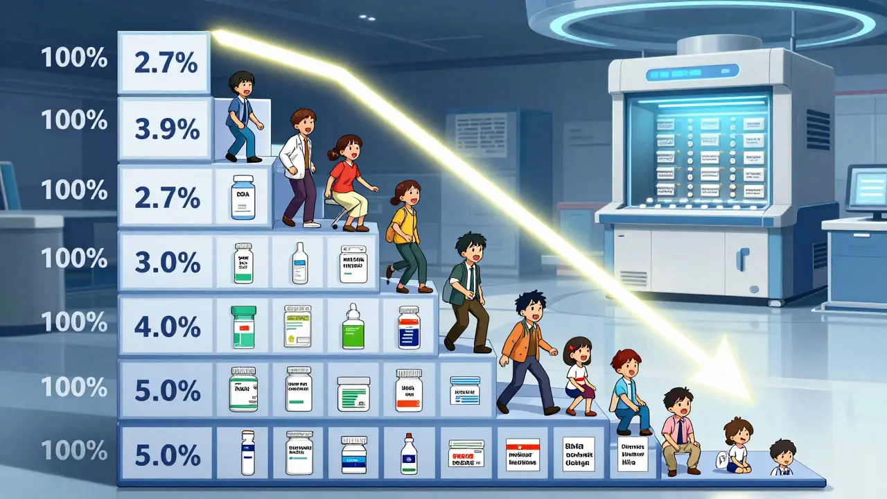 Pricing ladder with ten generic manufacturers lowering drug costs step by step.