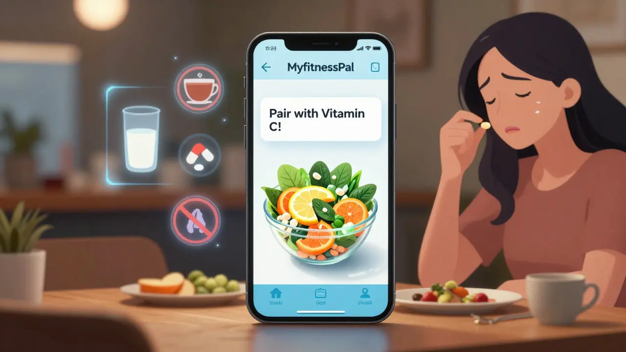 Smartphone alert reminds user to pair iron supplement with vitamin C-rich salad, avoiding interfering foods.