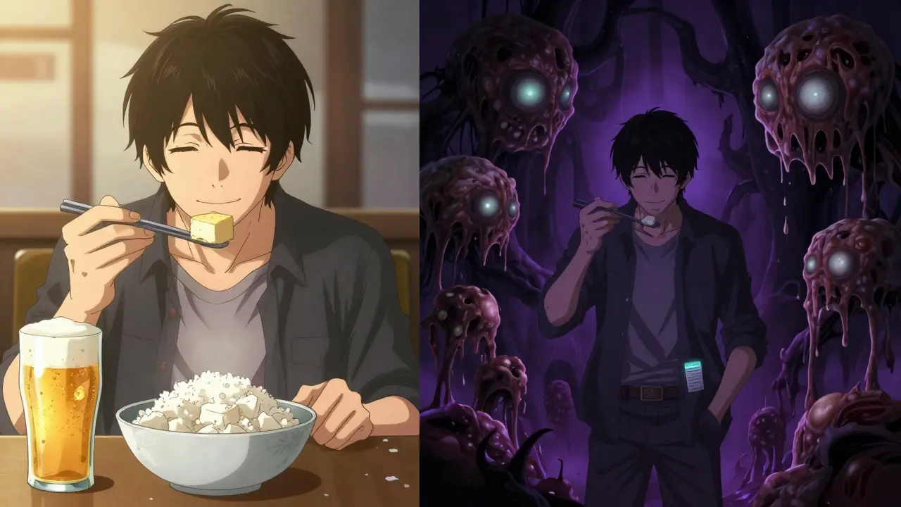 Split scene: calm meal with safe foods vs nightmare of rotting foods, MAOI card visible in pocket.