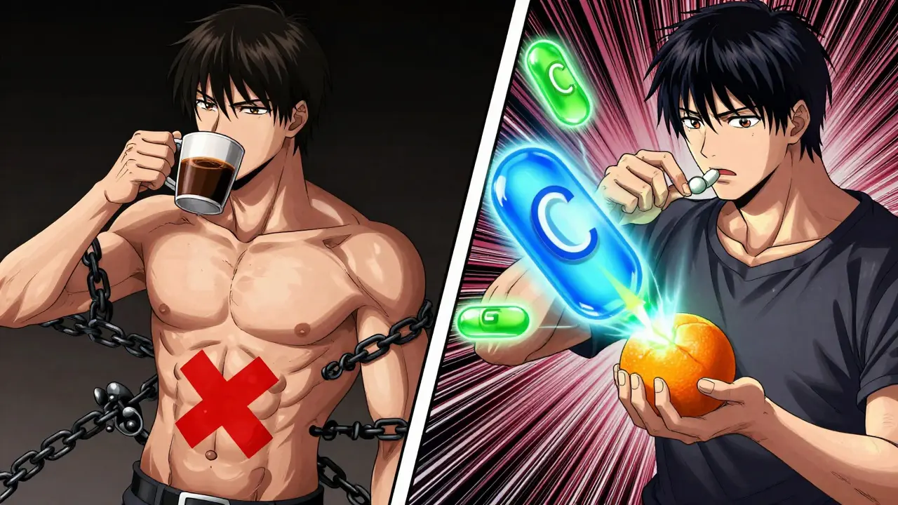 Split scene: coffee blocking iron absorption vs. orange enhancing it with glowing biochemical transformation.