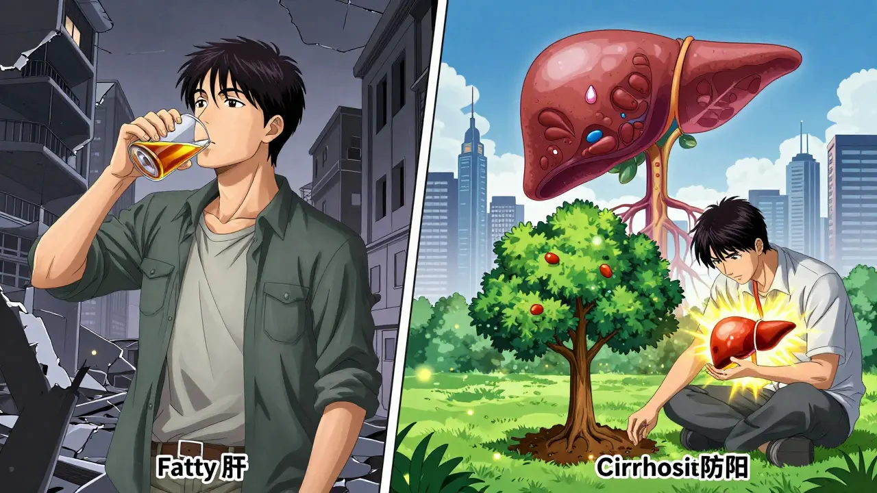 Split scene: left shows alcohol destroying the liver, right shows healing through lifestyle change and a transplant tree.