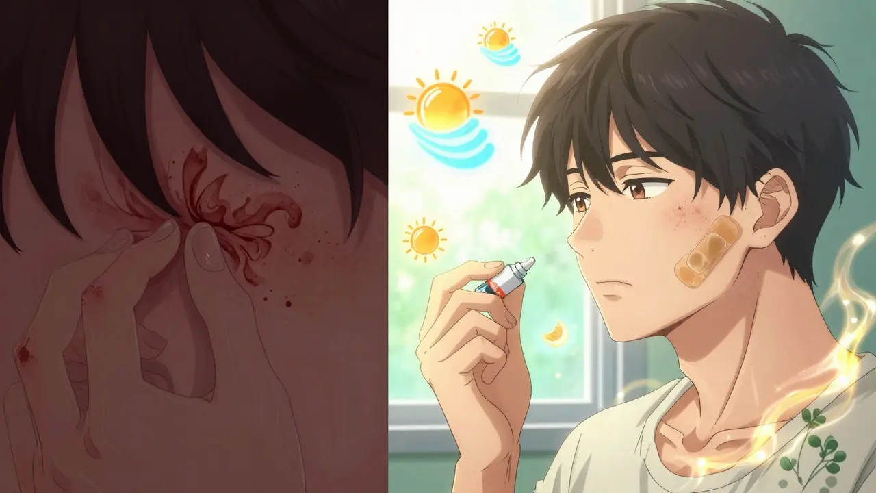 Split scene showing skin damage from picking acne versus healing with treatment and fading dark spots.