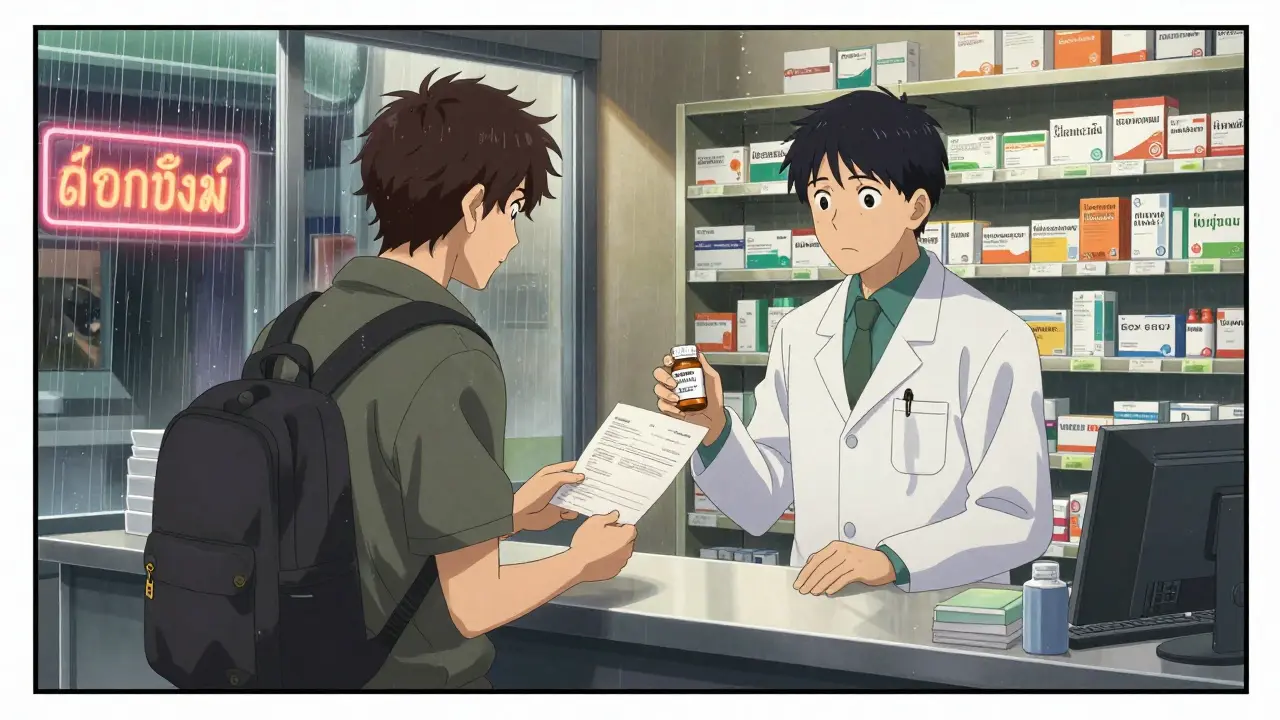 Traveler at a foreign pharmacy presenting a doctor’s letter and prescription bottle to a pharmacist.
