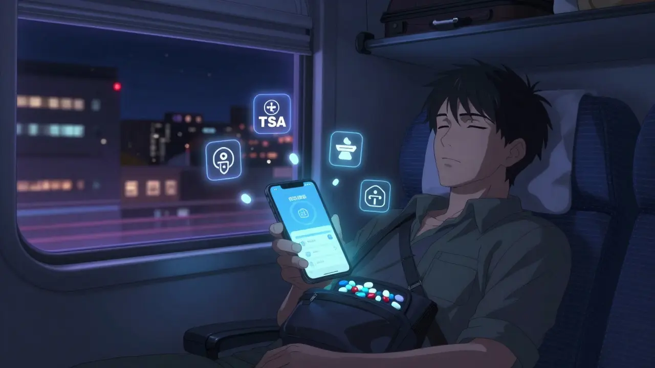 Traveler sleeping on a train with a medication reminder app glowing, pills secured in pouch and luggage.