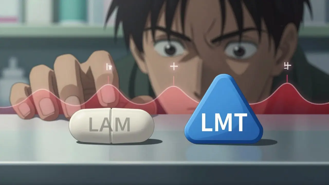 Two different generic pills side by side with blood level graphs floating above them in a pharmacy setting.