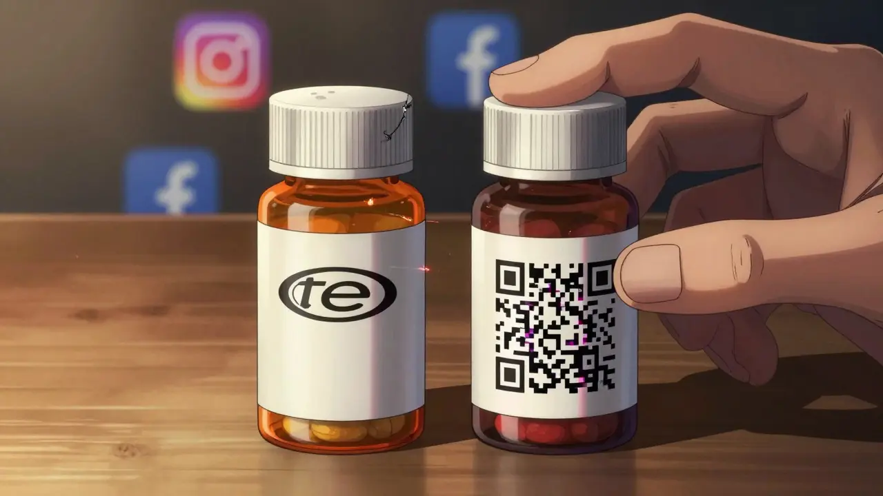Two pill bottles compared side by side, counterfeit one showing damaged seal and glitching QR code.