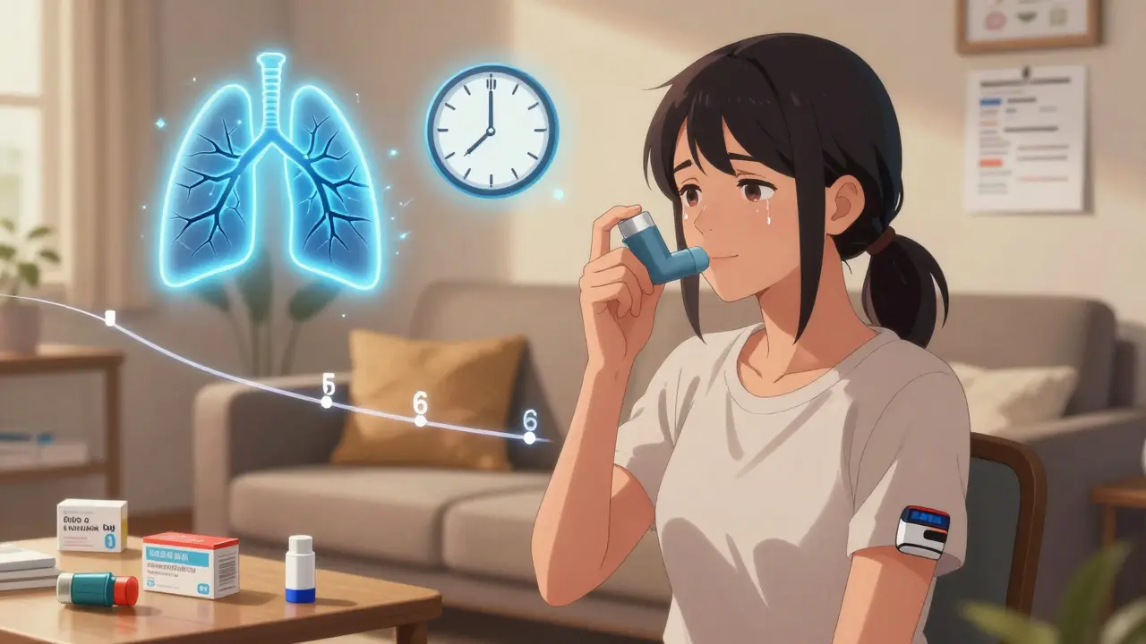 Woman using inhaler with medical icons floating around her in a cozy home setting.