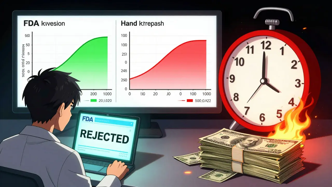 A developer facing a rejected FDA approval screen, with contrasting drug curves and burning cash symbolizing cost increases.