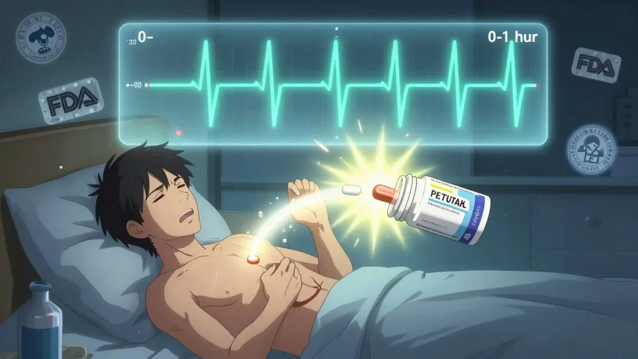 A patient in pain as a slow-releasing pill fails, while a brand pill delivers immediate relief under a pulsing pAUC time window.