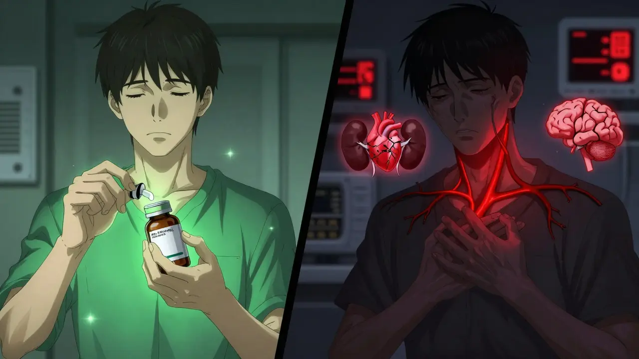 A patient on the left taking medication safely, while on the right, their body shows signs of toxic reaction with glowing red vessels.