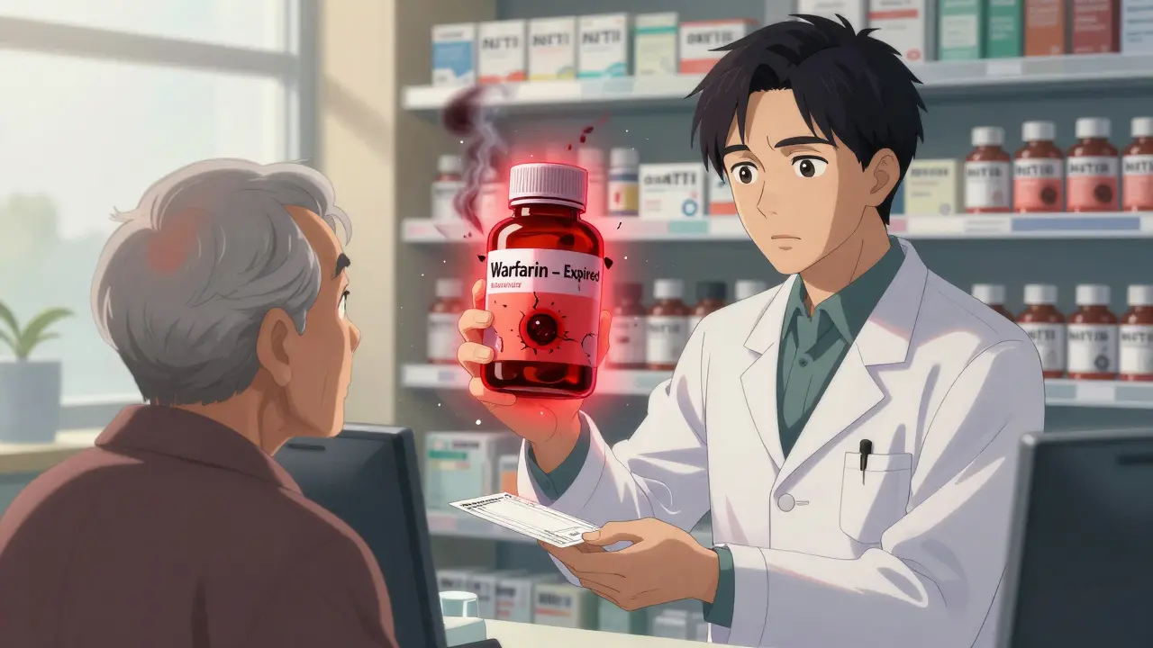 A pharmacist gives a new prescription to an elderly patient as expired NTI drugs glow ominously behind them.