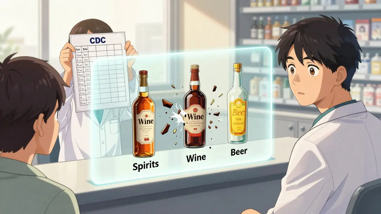 A pharmacist holding a drink chart as a barrier against floating alcohol bottles.