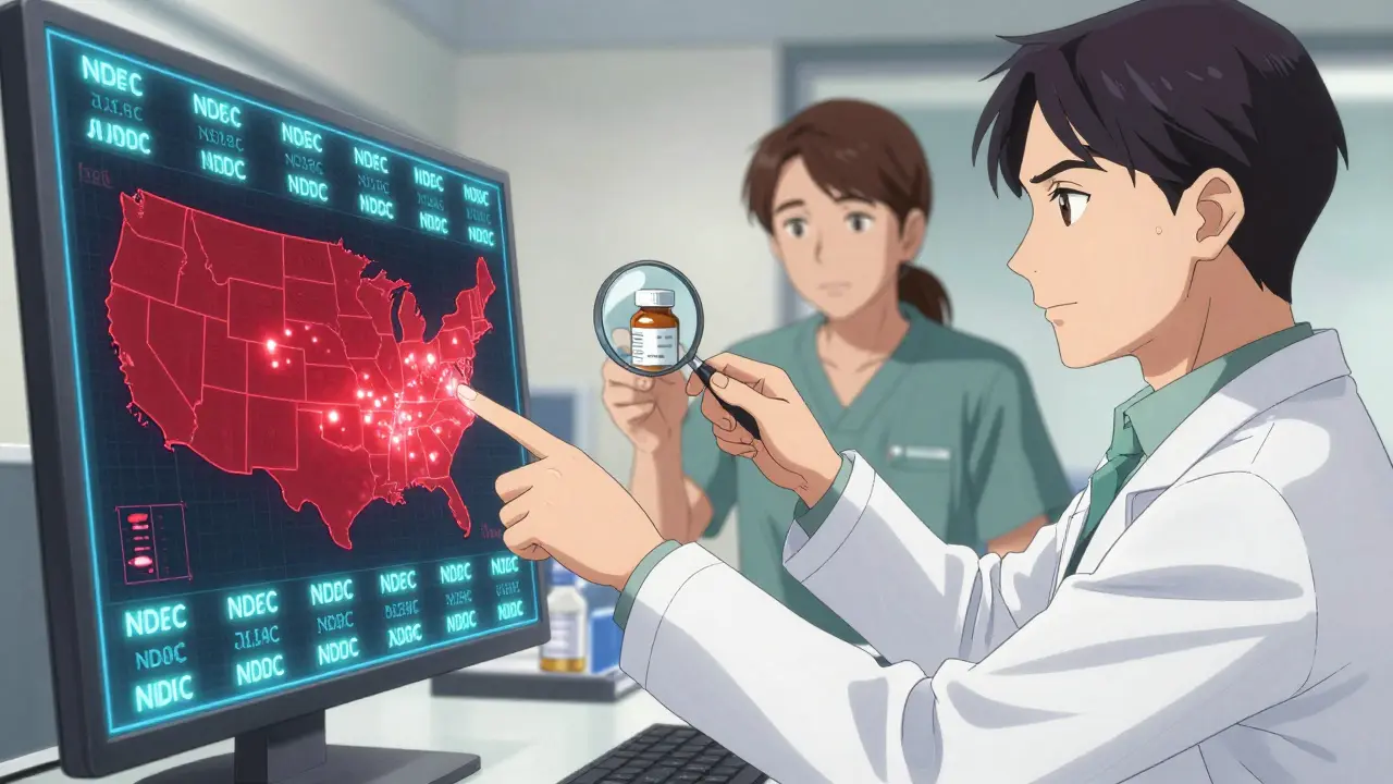 A pharmacist points to a digital map showing clustered adverse events from unreported generic drug reports across U.S. states.