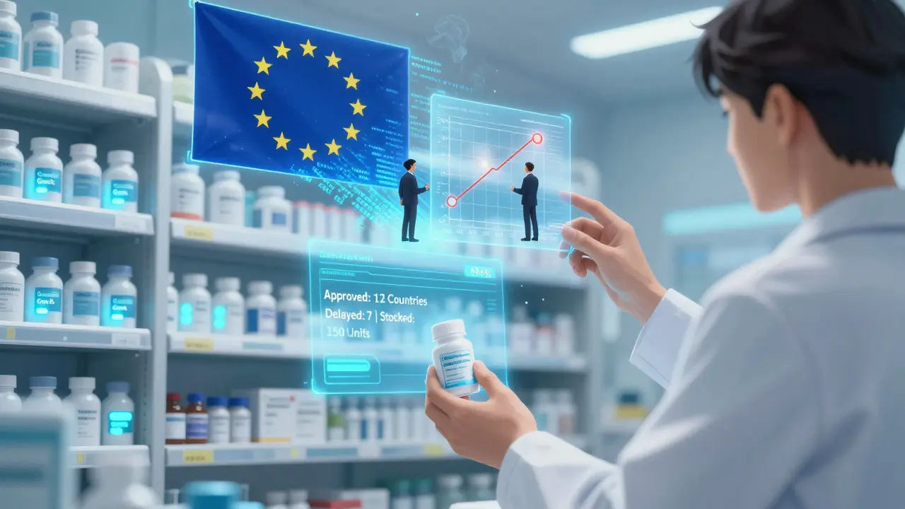 A pharmacy shelf in 2028 with mostly generic pills, a pharmacist handing one to a patient, holographic approval data glowing behind.