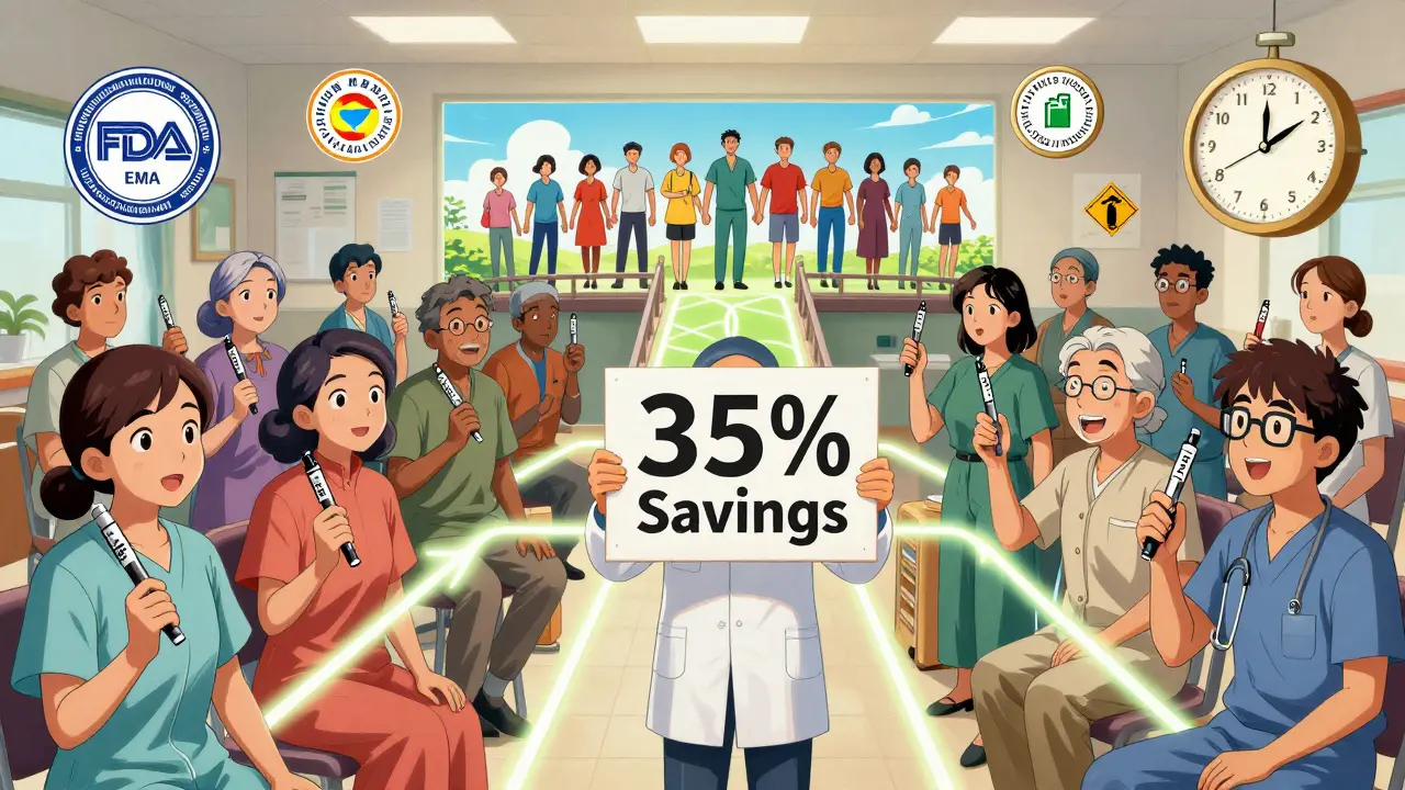 Diverse patients connected by biosimilars forming a bridge to a healthier future, with savings and regulatory symbols floating nearby.