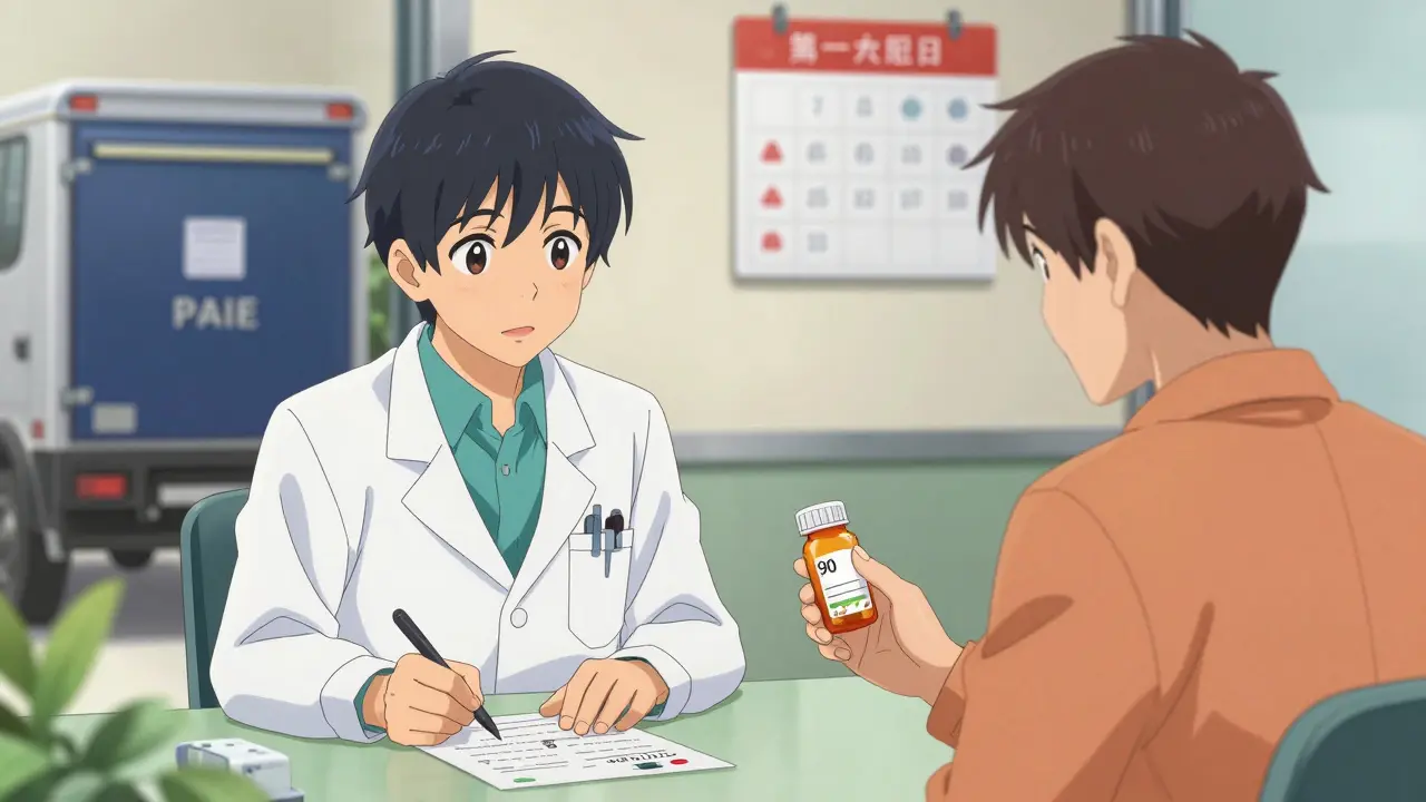 Doctor and patient discussing a 90-day prescription plan in a clinic.