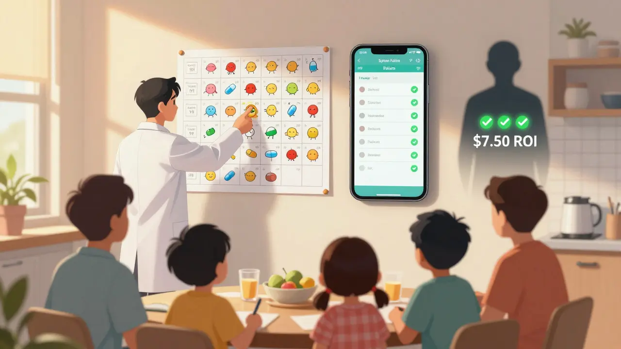 Family reviewing colorful visual medication schedule with pharmacist, smartphone showing simple health portal.