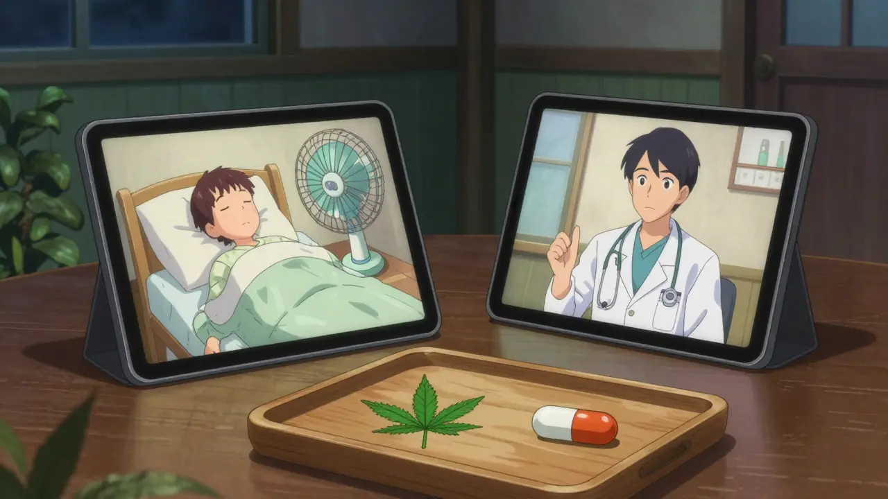 Family video-calling palliative specialist at night while patient rests peacefully with fan and symptom icons nearby.