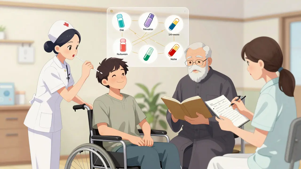 Hospice team caring for patient at home with floating medication icons showing balanced symptom management.