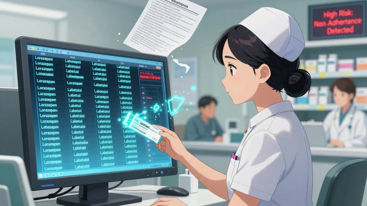 Nurse facing confusing electronic health record screen with similar drug names floating like demons.