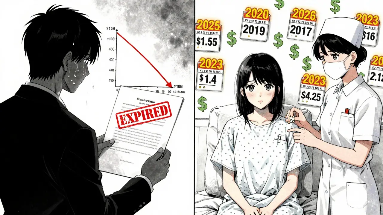 Pharmaceutical executive watches sales crash as a patient receives a generic pill with glowing savings numbers behind them.