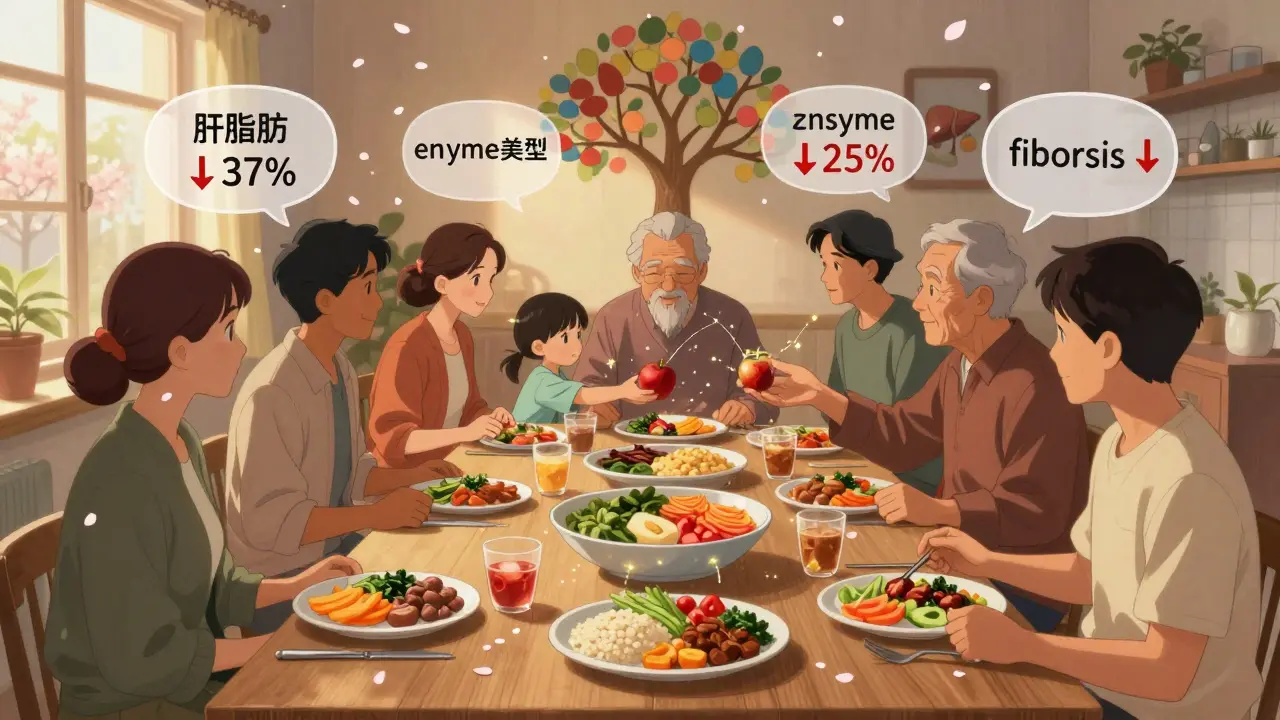 A diverse group sharing a liver-healthy meal, with scientific data floating above as a symbol of collective healing.