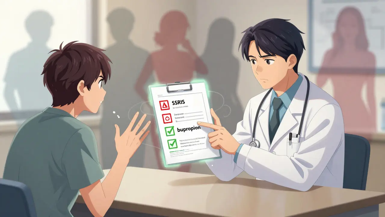 A doctor and patient review a chart comparing antidepressants, with bupropion glowing green as shadowy figures represent sexual side effects in the background.